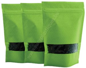 Pochettes en papier rayé vert avec fenêtre rectangle
